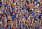 Kansas University football fans cheer during the Jayhawks' early-season victory against Louisiana-Monroe at Memorial Stadium. 