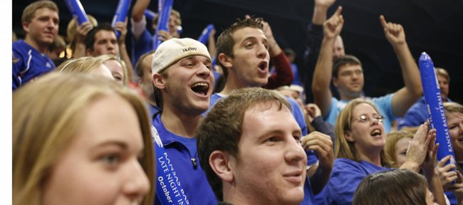 Jayhawk fans get psyched up Friday while packing into Allen Fieldhouse for Late Night in the Phog.