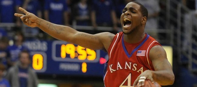 Kansas guard Sherron Collins calls out a play against Emporia State during the first half Tuesday, Nov. 11, 2008 at Allen Fieldhouse.