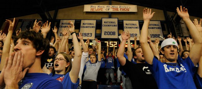 The recently unveiled 2008 national championship banner hangs in the rafters as the Kansas student section sings the alma mater prior to tipoff against Florida Gulf Coast Tuesday at Allen Fieldhouse.