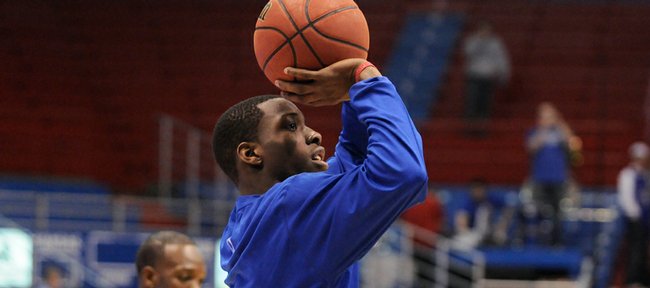 Kansas guard Tyshawn Taylor puts up a jumper during warmups before taking on Tennessee Saturday, Jan. 3, 2009 at Allen Fieldhouse.
