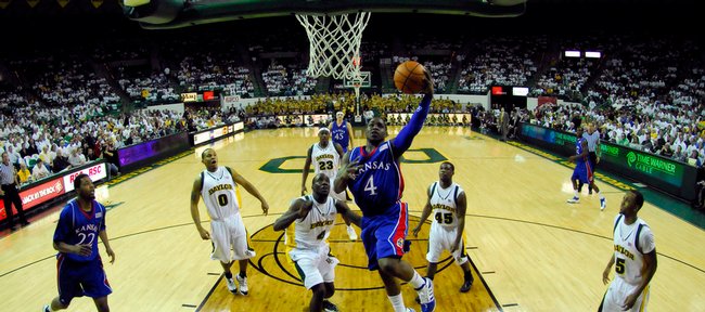 Kansas guard Sherron Collins penetrates through the Baylor defense as he elevates to the bucket during the second half Monday, Feb. 2, 2009 at the Ferrell Center in Waco.