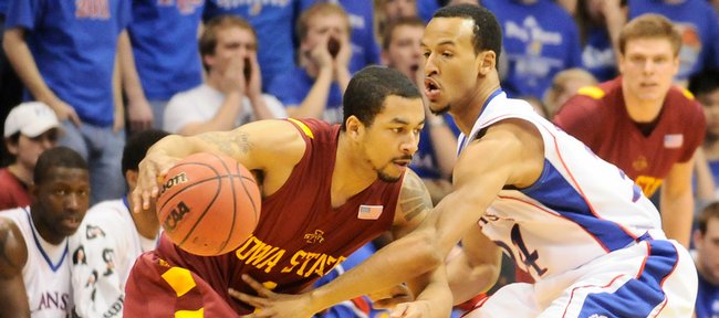 Kansas guard Travis Releford defends Iowa State guard Dominique Buckley during the first half, Wednesday, Feb. 18, 2009 at Allen Fieldhouse.