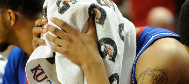 KU's Marcus Morris holds a towel over his head as the Jayhawks fall to Texas Tech on Wednesday, March 4, 2009 at United Spirit Arena in Lubbock, Texas.