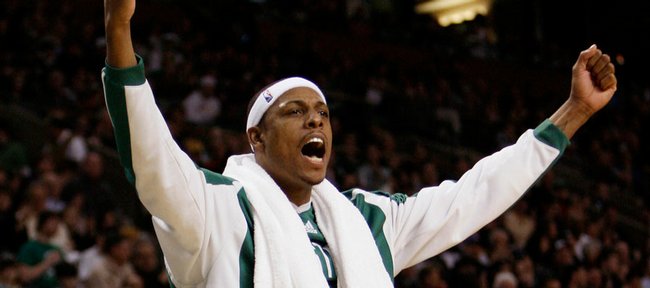 Boston’s Paul Pierce celebrates a basket by his Celtics teammates in this file photo. Pierce will be returning to Allen Fieldhouse for the Legends of the Phog exhibition game on Sept. 24.