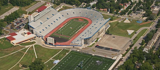 An overhead view of Kansas University's Memorial Stadium shows the Anderson Family Football Complex, at left, and the practice fields at the bottom. 