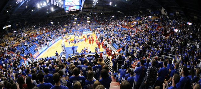 Kansas fans come to their feet in the north end zone of Allen Fieldhouse as the Jayhawks leave the court following warmups in preparation for tipoff against Alcorn State on Dec. 2, 2009.