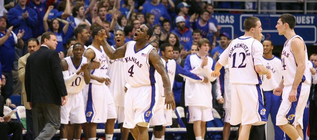 Kansas guard Sherron Collins pumps his fist after getting a bucket and a foul to put the Jayhawks ahead of Cornell during the second half, Wednesday, Jan. 6, 2009 at Allen Fieldhouse. Collins had a career-high 33 points.
