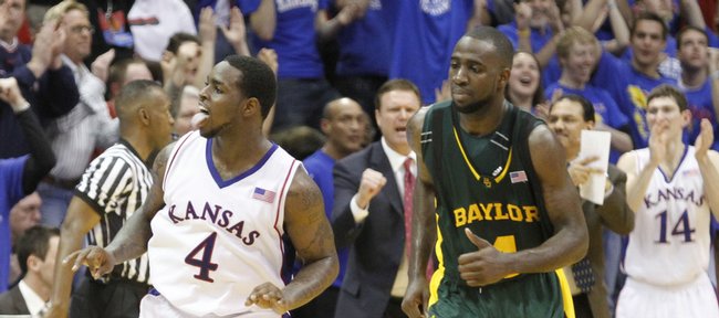 Kansas guard Sherron Collins flashes his tongue after hitting a three pointer to boost the Jayhawks late in the second half, Wednesday, Jan. 20, 2010 at Allen Fieldhouse.