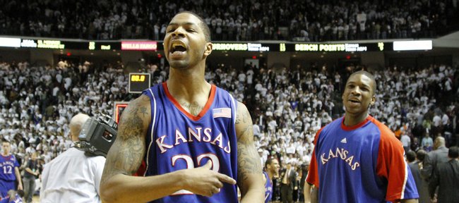 Kansas forward Marcus Morris has words with the Texas A&M student section after the Jayhawks' 59-54 win over the Aggies, Monday, Feb. 15, 2010 at Reed Arena in College Station, Texas.