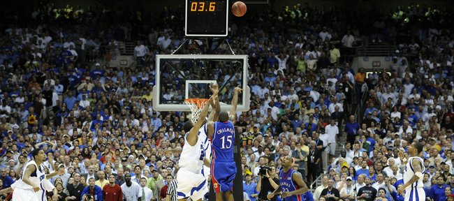 Kansas guard Mario Chalmers elevates for a three-pointer in the remaining seconds of regulation Monday, April 7, 2008 at the Alamodome in San Antonio. Chalmers swished the three to send the game into overtime.