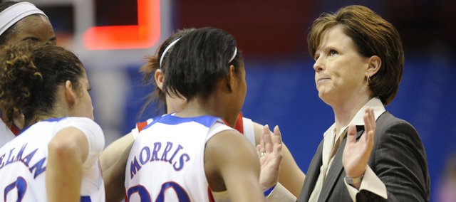 KU coach Bonnie Henrickson calms her team in the late seconds of the Jayhawks' 71-68 victory against Creighton on Sunday March 21, 2010.