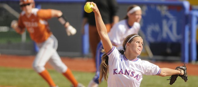 Kansas pitcher Alex Jones delivers against Texas. The Jayhawks were shut out by the Longhorns, 7-0, on Friday at Arrocha Ballpark.