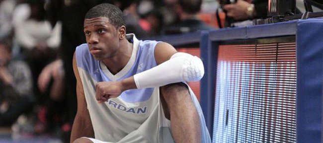 Kansas recruit Terrence Jones waits to check into the game during the first half of the Jordan Brand Classic, Saturday, April 17, 2010 at Madison Square Garden.