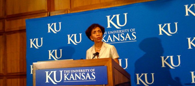 KU Chancellor Bernadette Gray-Little speaks at a press conference regarding the retirement  of Athletic Director Lew Perkins.