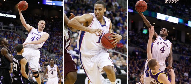 Three Kansas University products — from left, Cole Aldrich, Xavier Henry and Sherron Collins — are expected to be selected in Thursday’s NBA Draft. At least one scout says Aldrich and Henry are first-rounders, while Collins likely will go in the second round.