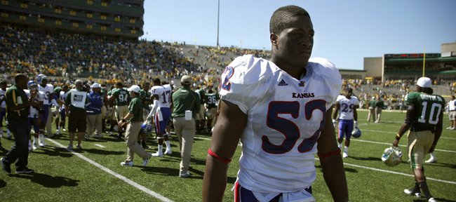 A frustrated Steven Johnson walks off the field following the Jayhawks' 55-7 loss to Baylor Saturday, Oct. 2, 2010 at Floyd Casey Stadium in Waco, Texas.