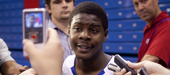 Kansas freshman guard Josh Selby draws a crowd during media day, Tuesday, Oct. 12, 2010 at Allen Fieldhouse. Selby, a highly-touted recruit from Baltimore, has yet to be cleared eligible by NCAA officials.