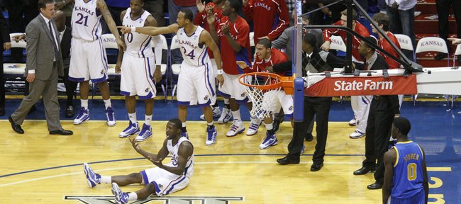 Kansas forward Mario Little and the Jayhawks' bench look for a foul after a last-second attempt by Little for a shot against UCLA during the second half, Thursday, Dec. 2, 2010 at Allen Fieldhouse. A foul was called on UCLA guard Malcolm Lee sending Little to the line in which he hit the game-winning free throw to grab a 77-76 win.