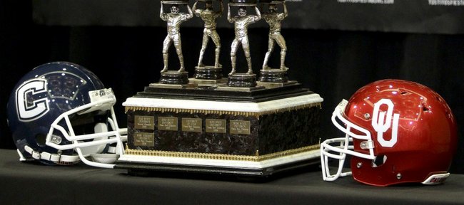 The Fiesta Bowl winners' trophy is shown Monday, Dec. 27, 2010 in Scottsdale, Ariz. Connecticut will face Oklahoma in the Fiesta Bowl on Jan 1, 2011.