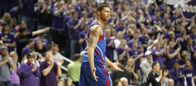 Kansas forward Marcus Morris complains about a bad pass after a Jayhawk turnover during the first half on Monday, Feb. 14, 2011 at Bramlage Coliseum.