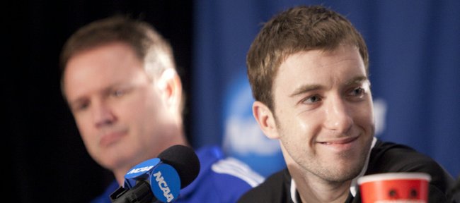 Kansas guard Brady Morningstar smiles during a press conference with his teammates and head coach Bill Self on Saturday, March 26, 2011 at the Alamodome in San Antonio.