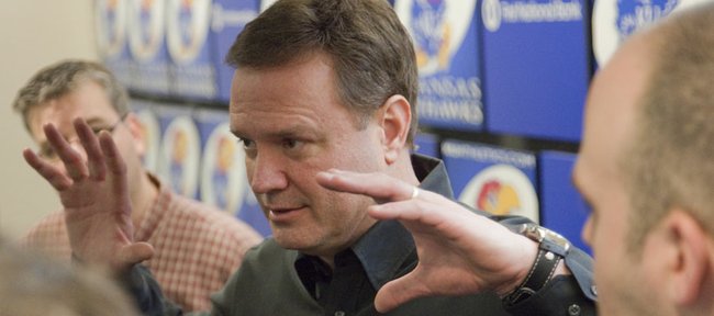 Kansas head coach coach Bill Self visits with reporters after a press conference Tuesday, March 29, 2011 at Allen Fieldhouse. Self was asked about this year's tournament, his players and thoughts on next year's roster.