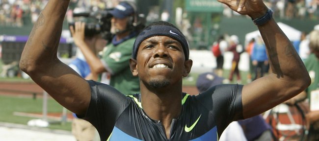 Bershawn "Batman" Jackson celebrates after winning the men's 400-meter hurdles at the U.S. Olympic Track and Field Trials Sunday, June 29, 2008 in Eugene, Ore, where he qualified for his first Olympic Games.