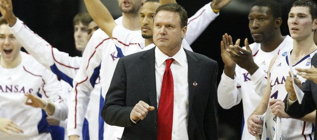 Kansas head coach Bill Self watches with the bench as the Jayhawks make a run against Illinois during the second half on Sunday, March 20, 2011 at the BOK Center in Tulsa.