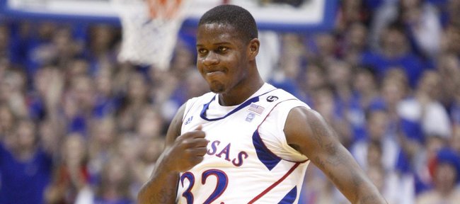 Kansas guard Josh Selby pounds his chest after hitting a three-pointer against Texas A&M during the first half on Wednesday, March 2, 2011 at Allen Fieldhouse.