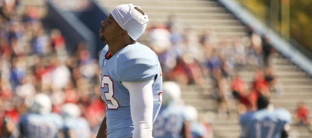Kansas cornerback Tyler Patmon sighs after a Texas Tech runner was awarded a first down during a goal line stand in the third quarter on Saturday, Oct. 1, 2011 at Kivisto Field.