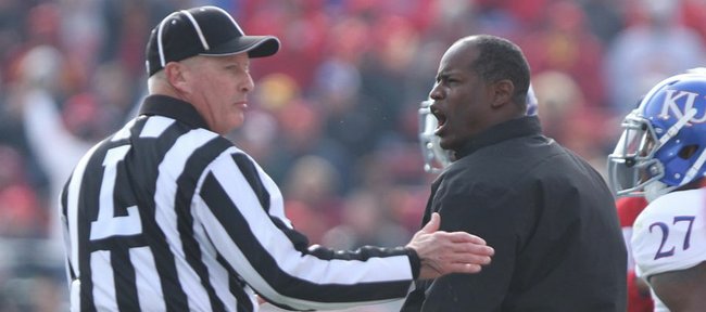 Kansas head coach Turner Gill bemoans a missed field goal during the second quarter on Saturday, Nov. 5, 2011 at Jack Trice Stadium in Ames, Iowa.