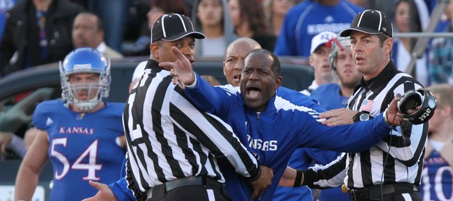 Kansas head coach Turner Gill pleads for an interference call against Baylor after a pass to KU receiver JaCorey Shepherd during KU's last drive of regulation Saturday, Nov. 12, 2011 at Kivisto Field.