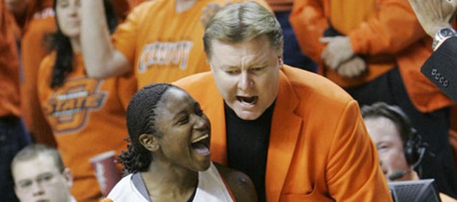 Oklahoma State coach Kurt Budke, right, is shown in this 2008 file photo with guard Andrea Riley. Budke was killed in a plane crash on Friday in Arkansas.