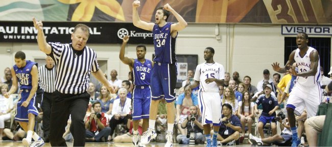 The Blue Devils celebrate after a turnover out of bounds by Kansas guard Tyshawn Taylor late in the second half on Wednesday, Nov. 23, 2011 at the Lahaina Civic Center.
