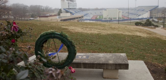 Former KU football coach Don Fambrough, was honored by former players in 2007 when they presented him with a memorial bench in his name, overlooking Memorial Stadium from near the Campanile. Nearby, the bench is a wreath with a blue ribbon saying "Beloved Coach." Fambrough — a noted hater of all things Missouri — died in September. Saturday could mark the end of the rivalry between his Jayhawks and the team he loved to hate, leaving KU fans two marked voids.