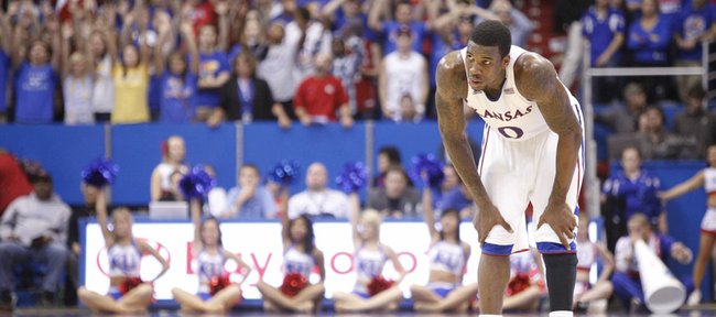 Kansas forward Thomas Robinson catches his breath during a couple of Jayhawk free throws in the second half against Florida Atlantic on Wednesday, Nov. 30, 2011 at Allen Fieldhouse.
