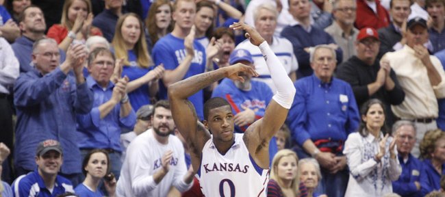 Kansas forward Thomas Robinson raises up the Fieldhouse late in the second half on Monday, Jan. 16, 2012 at Allen Fieldhouse.