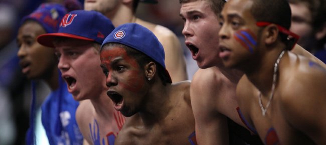 The cluster of Kansas students add to the roar of the Fieldhouse during the second half on Monday, Jan. 16, 2012 at Allen Fieldhouse.
