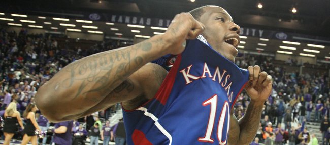 Kansas guard Tyshawn Taylor pops his jersey as he leaves the court following the Jayhawks' 59-53 win over Kansas State on Monday, Feb. 13, 2012 at Bramlage Coliseum.