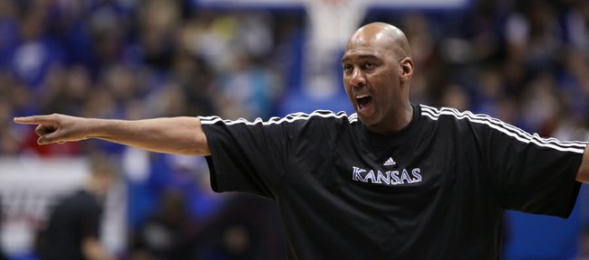 Kansas assistant coach Danny Manning directs traffic during warmups prior to tipoff against Texas Tech on Saturday, Feb. 18, 2012 at Allen Fieldhouse.