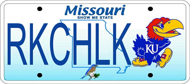 Missouri residents may have the option of getting personalized license plates displaying their Kansas University loyalties. This Journal-World photo illustration shows what the KU plates might look like if the logo was placed on the current Missouri license plate.
