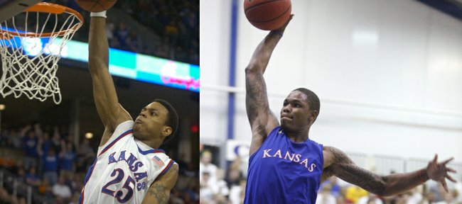 High-flying Kansas University swingman Ben McLemore, right, has drawn comparisons to former KU star Brandon Rush, left. Rush's teammate at KU, Brady Morningstar, said "Ben has a chance to be a really good player if he wants to be, because of how athletic he is and how long his arms are. ... to me they’re about the same player coming into Kansas."