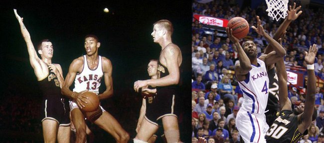 Current Kansas University forward Justin Wesley (4) will play KU legend Wilt Chamberlain (13) in an upcoming movie by  Lawrence filmmaker and KU faculty member Kevin Willmott. 