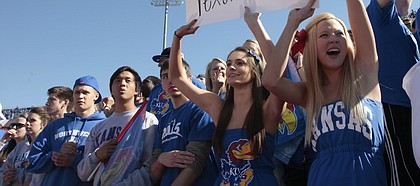 Kansas University fans cheer for the Jayhawks during the homecoming game against Texas Tech on Saturday, Oct. 1, 2011, at Memorial Stadium.