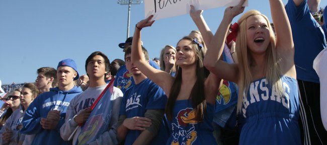 Kansas University fans cheer for the Jayhawks during the homecoming game against Texas Tech on Saturday, Oct. 1, 2011, at Memorial Stadium.