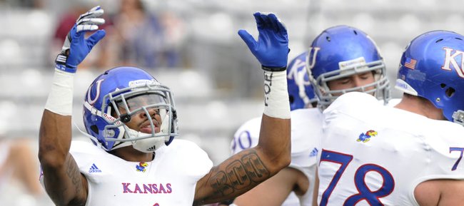 Kansas safety Lubbock Smith gets pumped up before taking on Texas A&M on Saturday, Nov. 19, 2011 at Kyle Field in College Station, Texas.