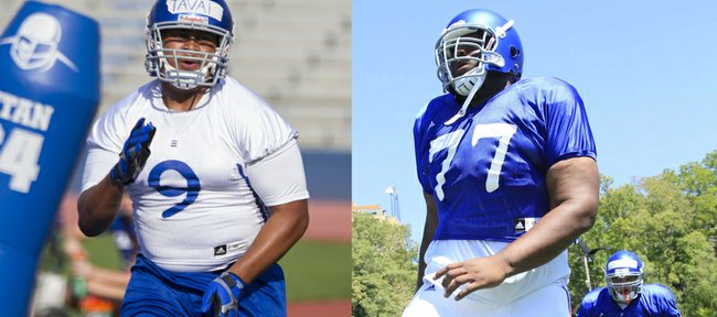Kansas University newcomers Jordan Tavai (9) and Aslam Sterling (77) will start their first games at KU, coach Charlie Weis announced Tuesday. Tavai, a defensive tackle, and Sterling, an offensive guard, are just two of 14 new arrivals on the Jayhawks’ two-deep for Saturday’s game against South Dakota State.