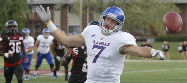 A pass to Kale Pick falls just out of reach on a fourth-and-17 attempt in the second half of KU's 30-23 loss to the Northern Illinois Huskies on Saturday, Sept. 22, 2012, at Huskie Stadium in DeKalb, Ill.