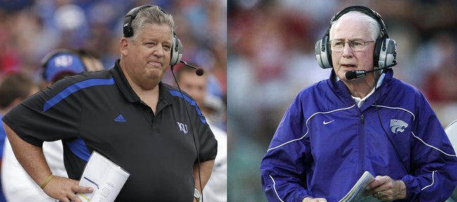 Kansas University coach Charlie Weis, left, and Kansas State coach Bill Snyder, right, will face off for the first time in the annual KU-KSU rivalry football game on Saturday in Manhattan. Weis will be the fifth Jayhawk coach Snyder has faced in 21 years with the Wildcats.